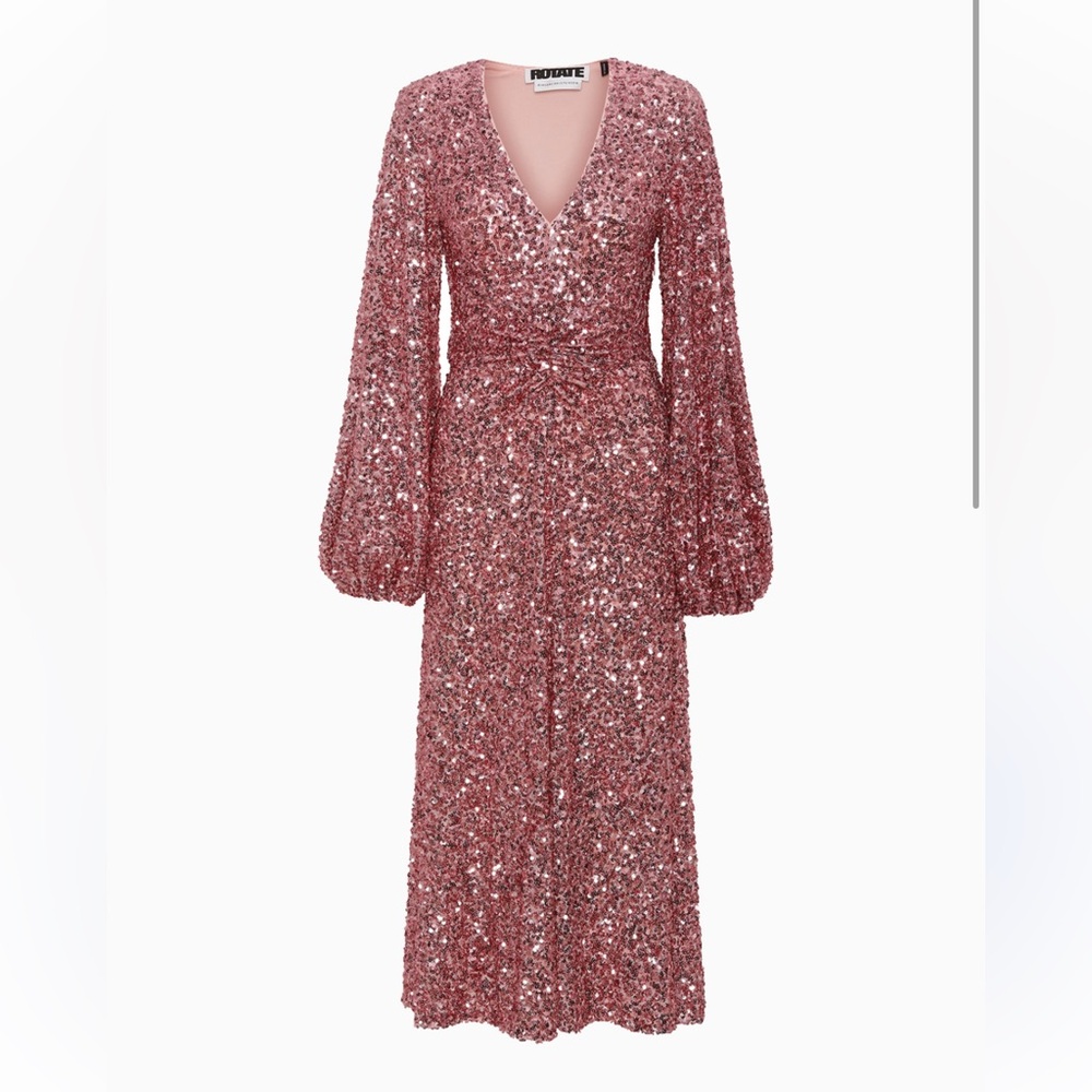 Rotate Birger Christensen Sequin V Neck Midi Dress Pink Size 4